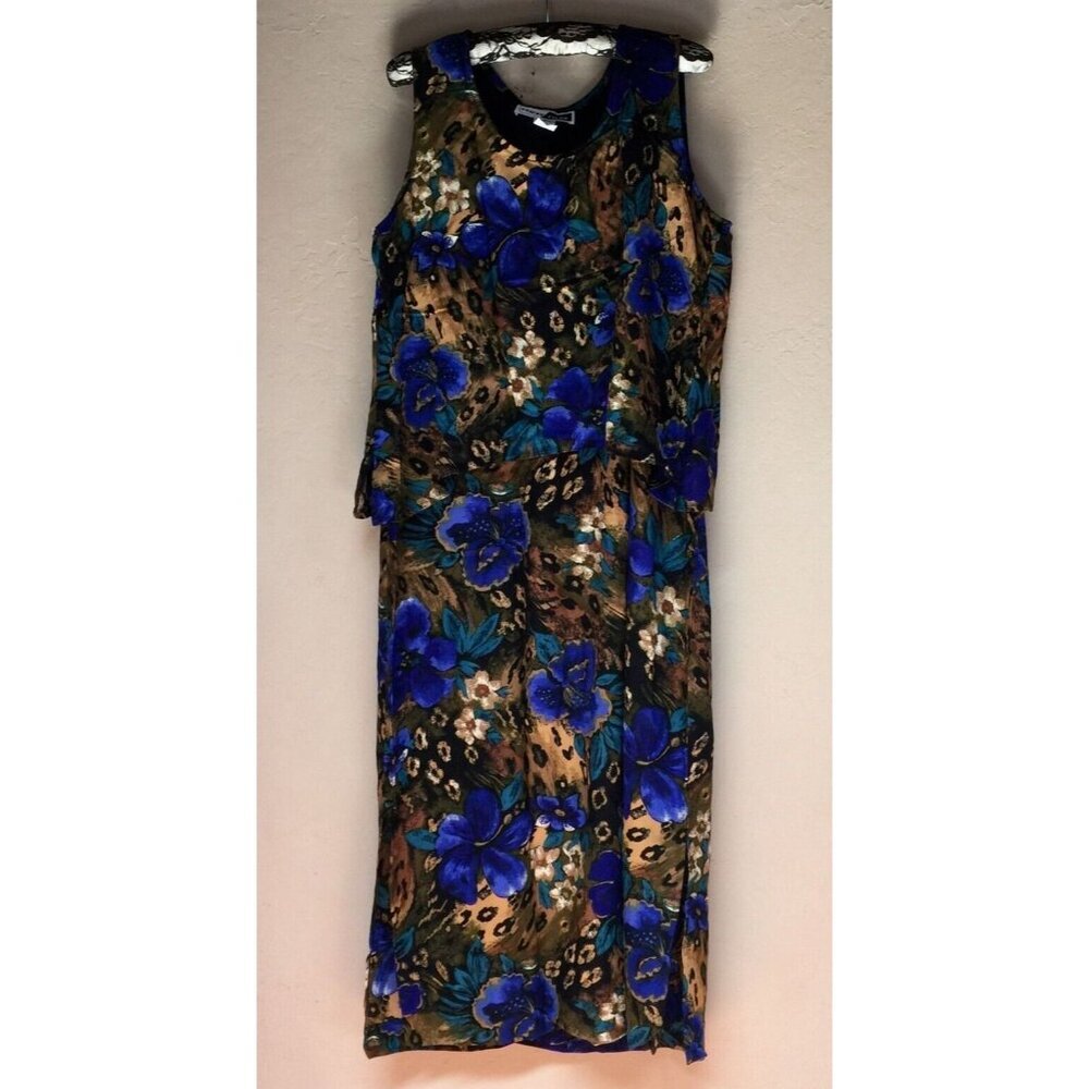 Vintage Stacey Tyler Size 18 Brown Blue Floral Sleeveless Career Midi Dress